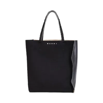 Marni Black Leather And Canvas Museo Soft Shopping Bag "Black"