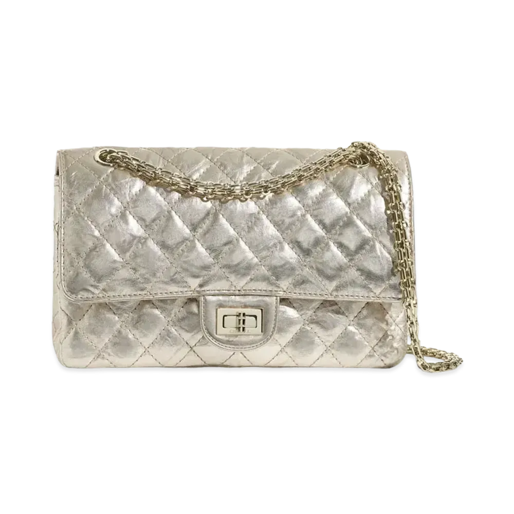 CHANEL 2.55 Hand Bag Metallic Crumple Cherfskin "Light Gold"