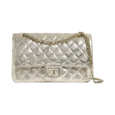 CHANEL 2.55 Hand Bag Metallic Crumple Cherfskin "Light Gold"