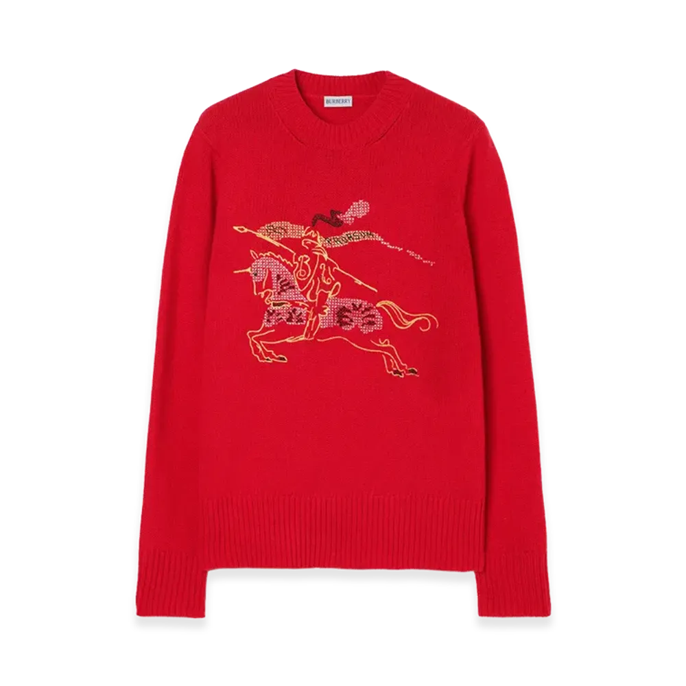 Burberry Women's Cross Stitch EKD Wool Cashmere Sweater "Crayon Red"