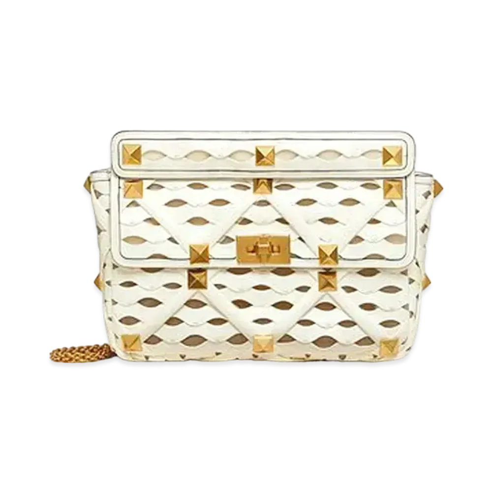 Valentino Large Roman Stud The Shoulder Bag With Chain And Wave Design "Ivory"