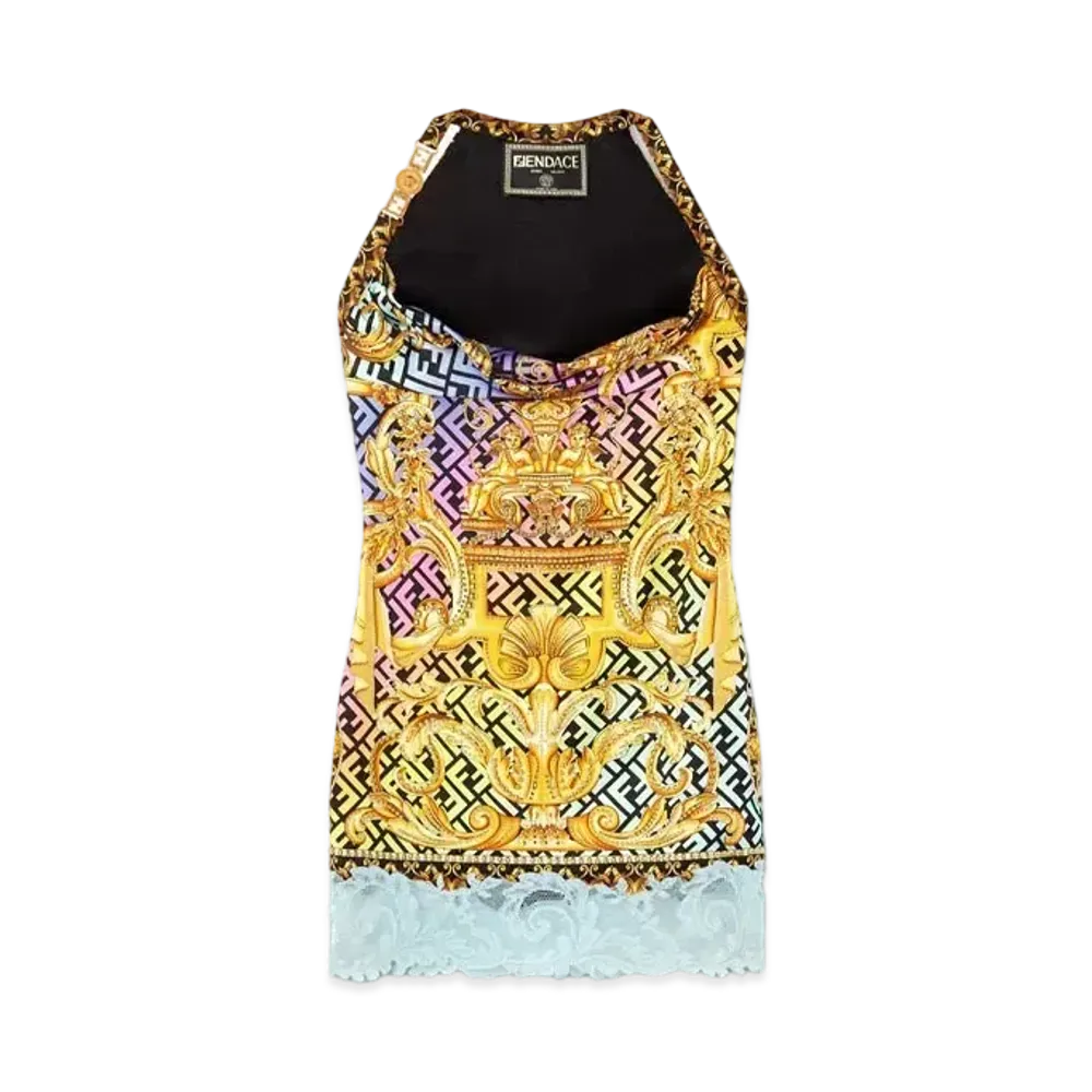 FENDI x Versace Fendace Gold Baroque Studded Mini Dress "Gold"