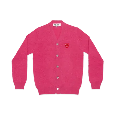 PLAY COMME des GARCONS Double Red Heart Mens V Neck Cardigan "Pink"