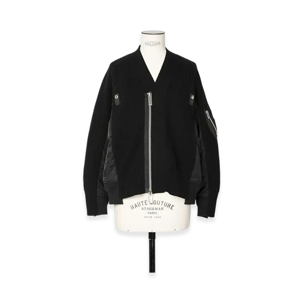 sacai Wool Knit x Nylon Twill Cardigan "Black/Black"