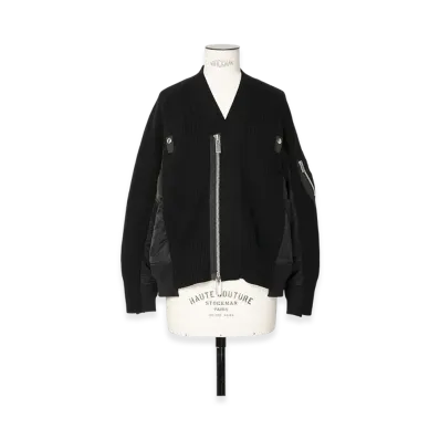 sacai Wool Knit x Nylon Twill Cardigan "Black/Black"