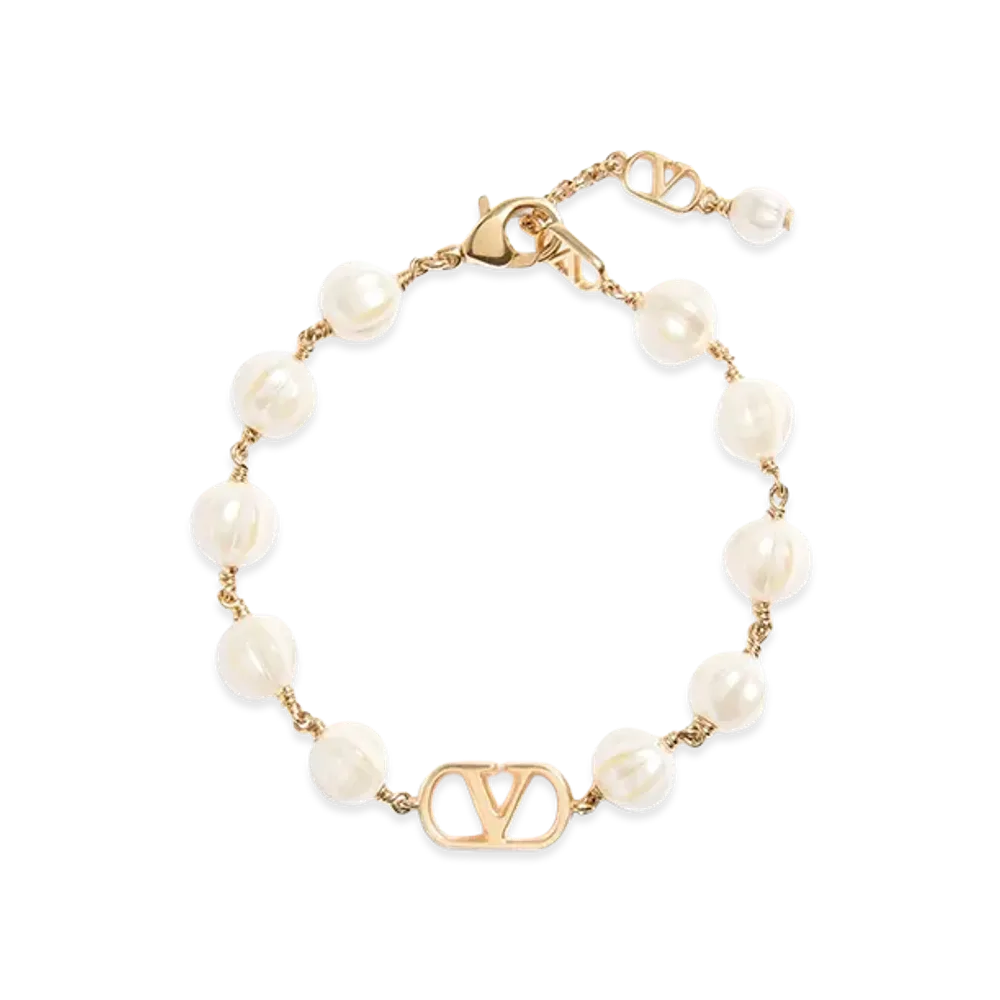 Valentino Women's Bracciale V Logo Signature In Metallo E Perle In Vetro "Oro/Cream"