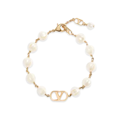 Valentino Women's Bracciale V Logo Signature In Metallo E Perle In Vetro "Oro/Cream"