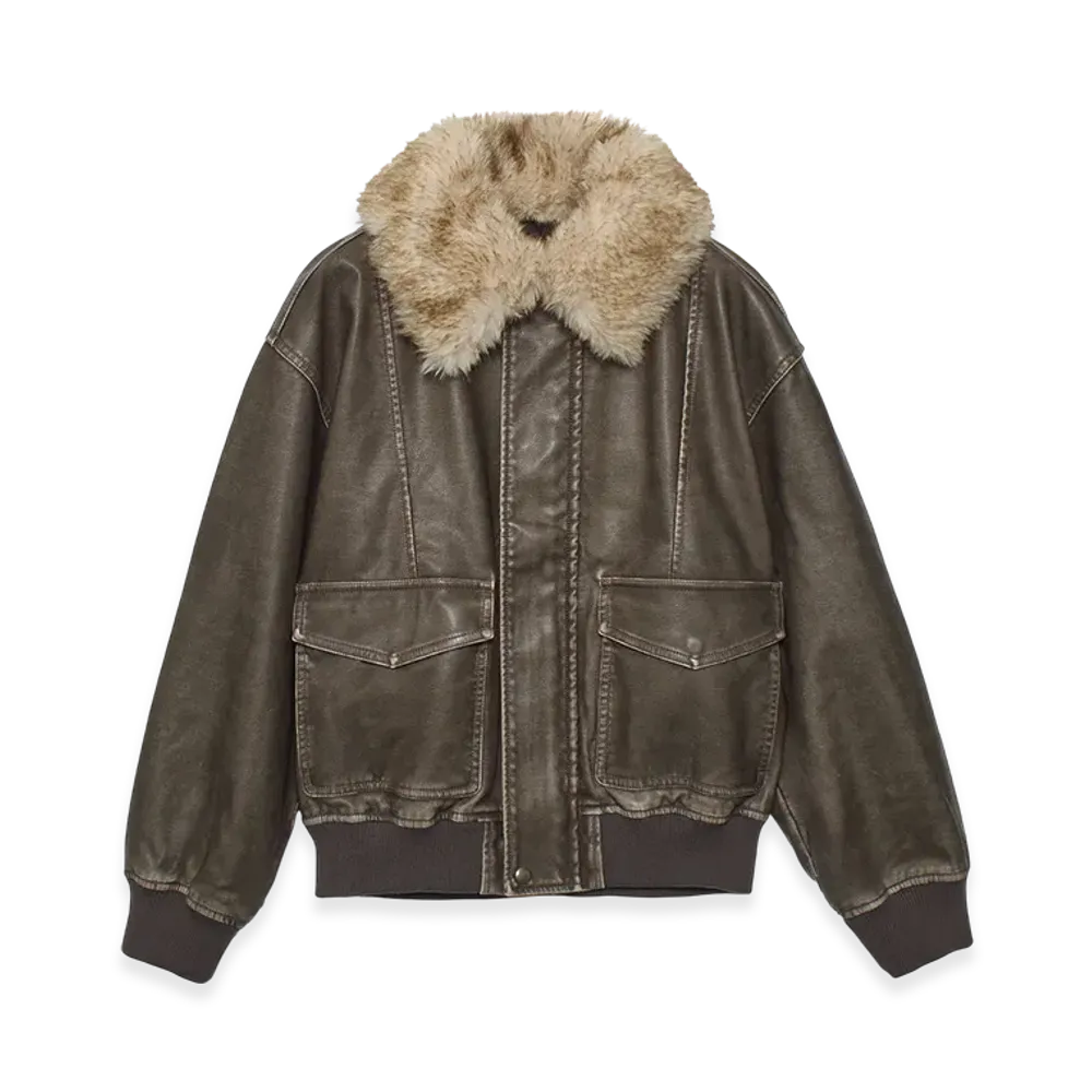 X-Girl Embossed Logo Patch Distressed Faux Leather Jacket "Brown"
