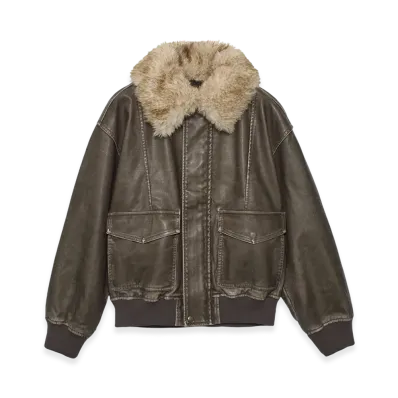 X-Girl Embossed Logo Patch Distressed Faux Leather Jacket "Brown"