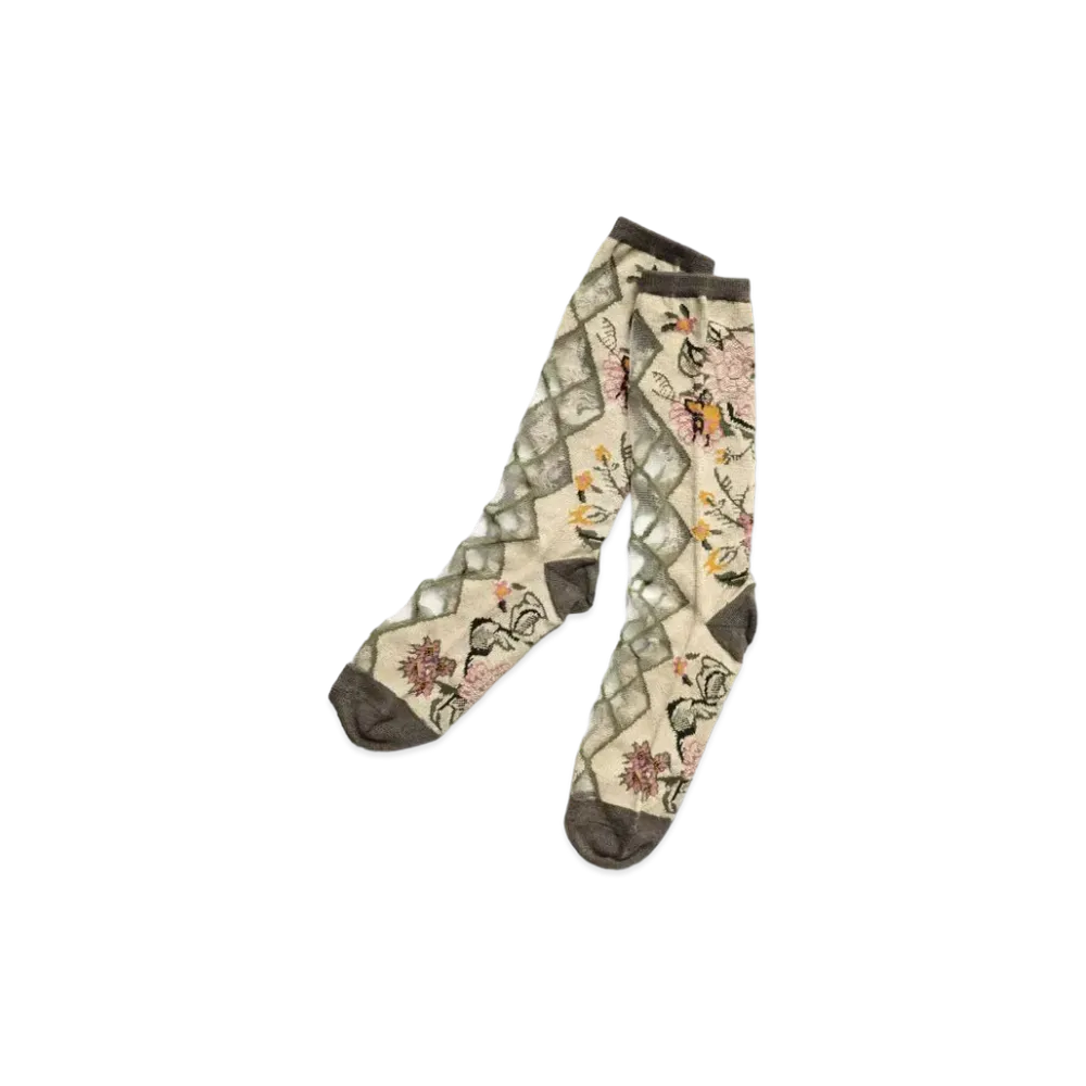 KAPITAL 156 Gobelin Flower See Through Socks "Light Beige"