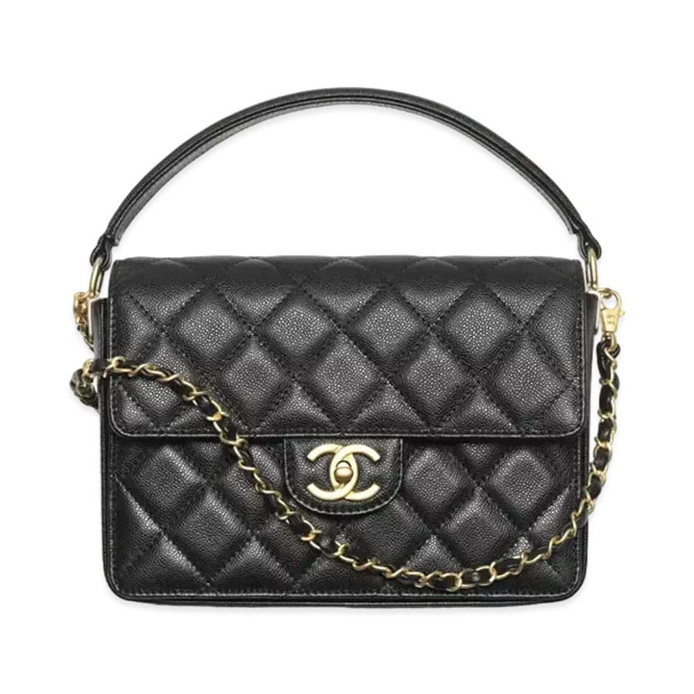 CHANEL Small Flap Bag With Top Handle, Grained Shiny Calfskin & Gold-Tone Metal "Black"
