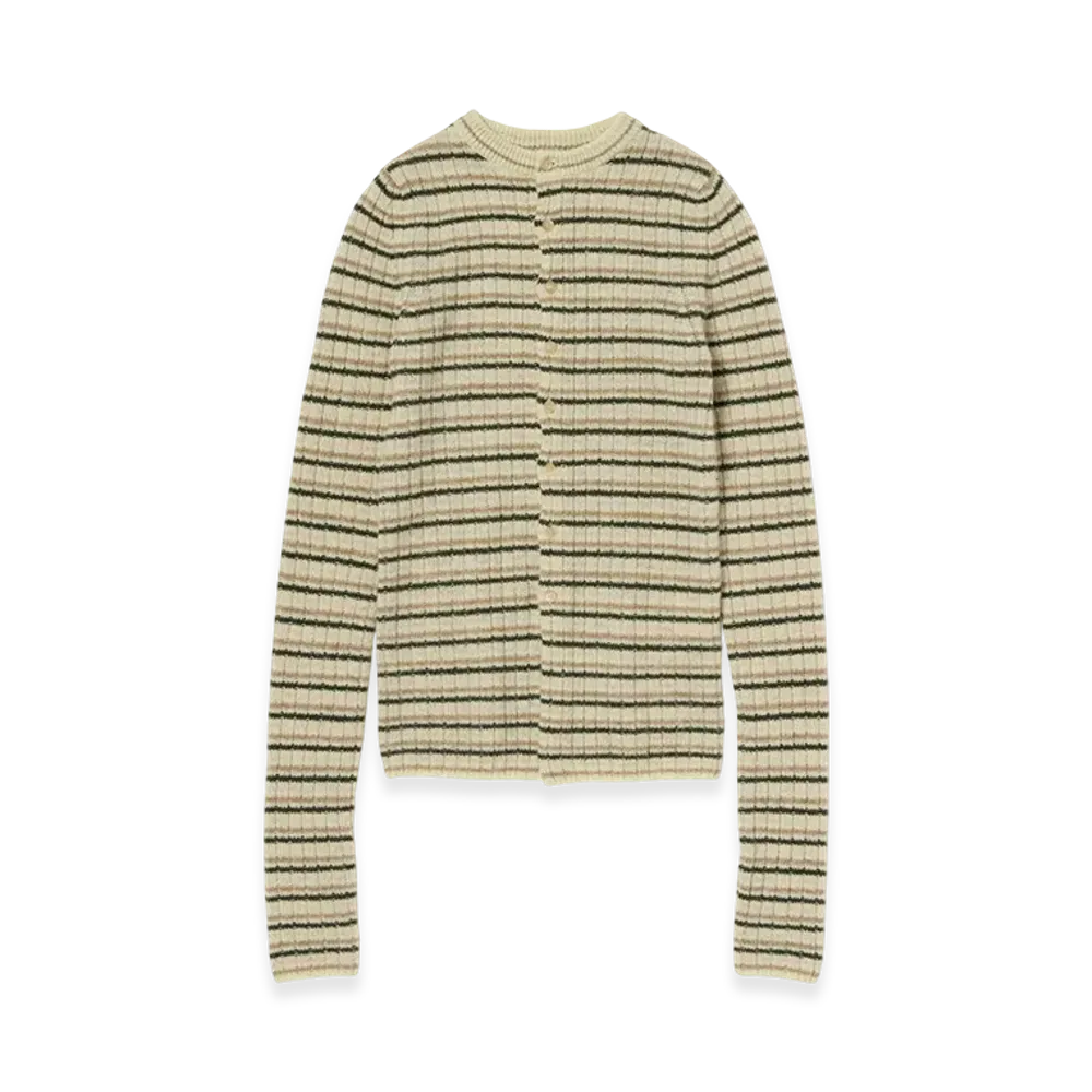 AURALEE Shetland Wool Cashmere Rib Knit Crew-Neck Cardigan "Beige Stripe"
