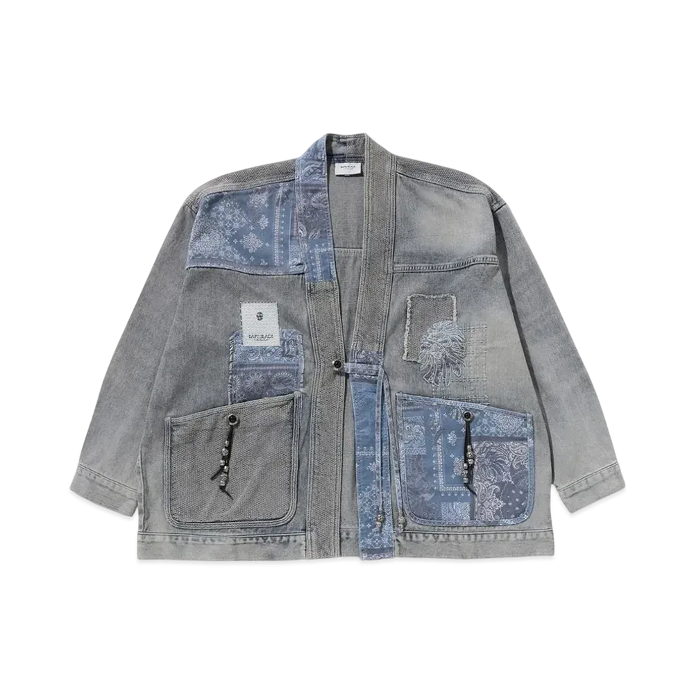 A BATHING APE Bape Black Patchwork Raw Edge Kimono "Lightindi"