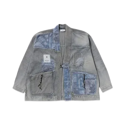 A BATHING APE Bape Black Patchwork Raw Edge Kimono "Lightindi"
