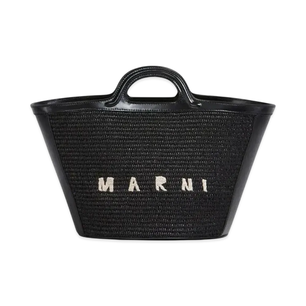 Marni Tropicalia Small Bag in Leather and Raffia-Effect Fabric "Black"