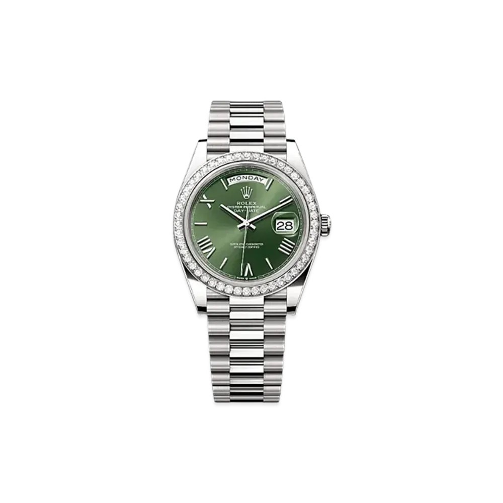 ROLEX Day-Date 40mm White Gold Diamond 228349RBR "Olive Green"