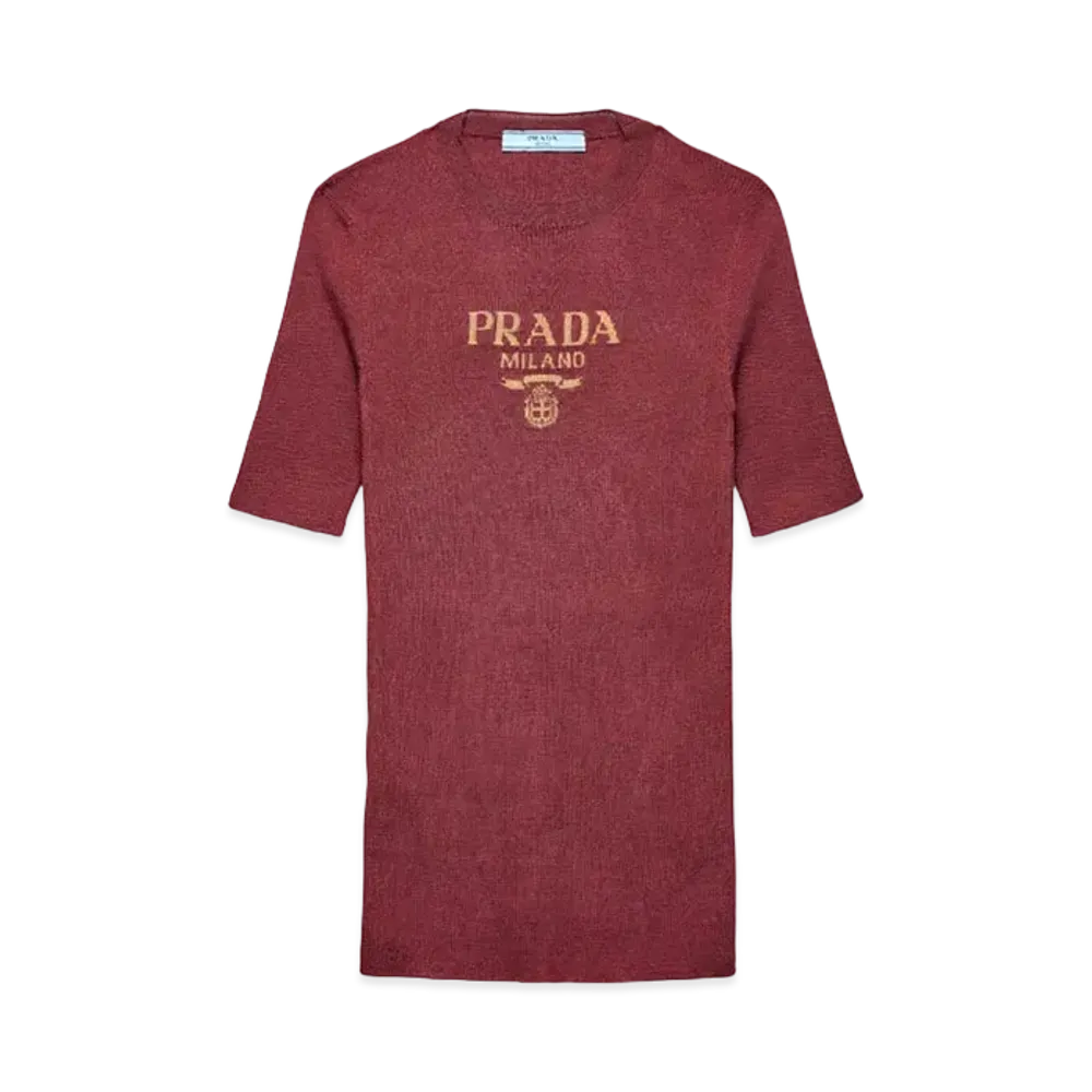 PRADA Women's Silk Crew-Neck Sweater with Logo "Wine Red"
