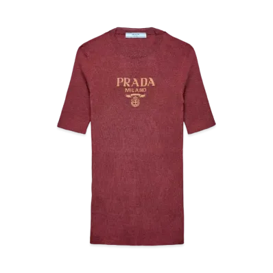 PRADA Women's Silk Crew-Neck Sweater with Logo "Wine Red"