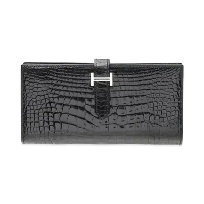 Hermes Bearn Soufflet Crocodile Alligator "Noir/Silver"