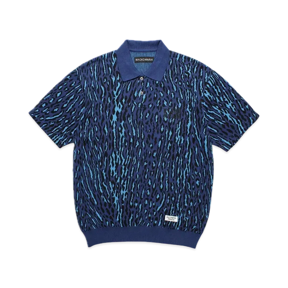 WACKO MARIA Leopard Jacquard Knit Polo Shirt "Navy"