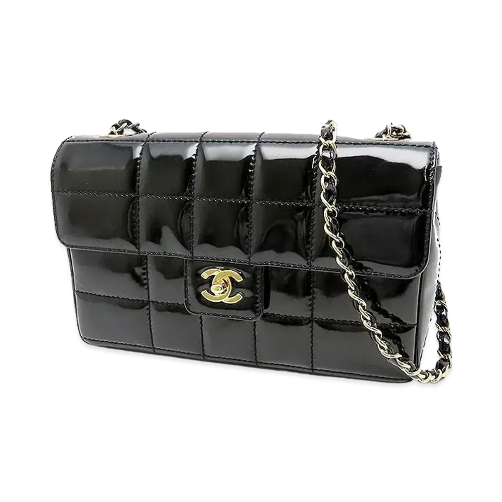 CHANEL Chocolate Bar Coco Turn Lock Chian Shoulder Bag Patent "Black"