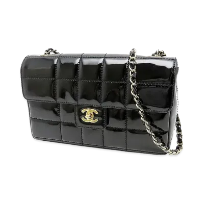 CHANEL Chocolate Bar Coco Turn Lock Chian Shoulder Bag Patent "Black"