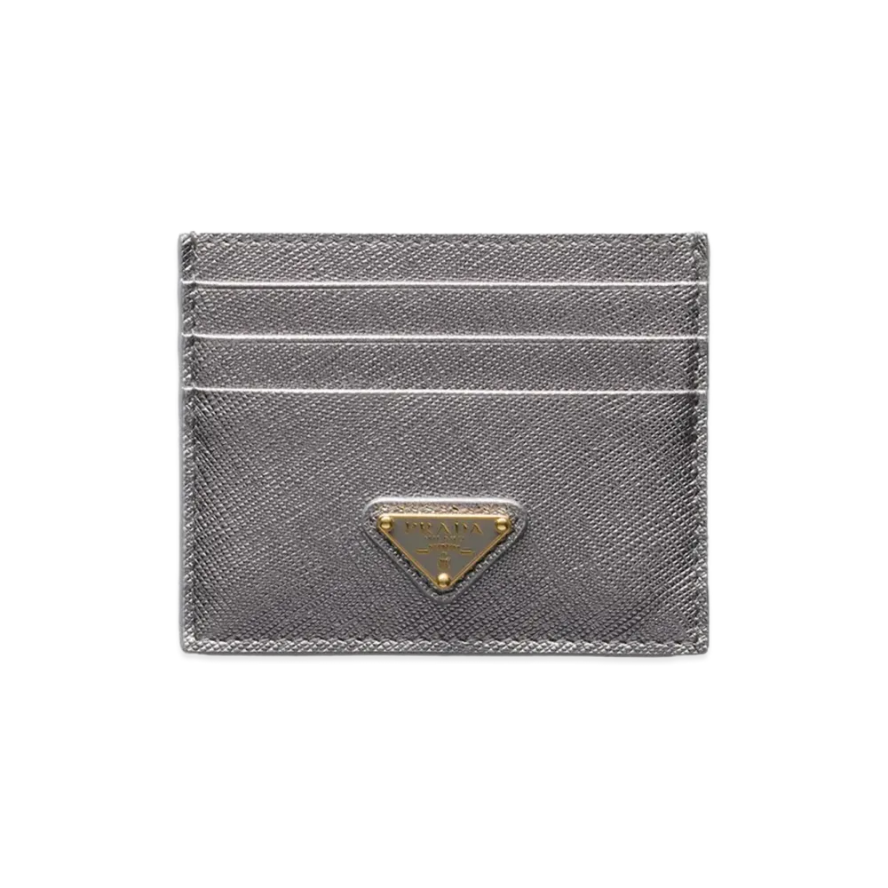 PRADA Saffiano Triangle Card Holder "Chrome Silver"
