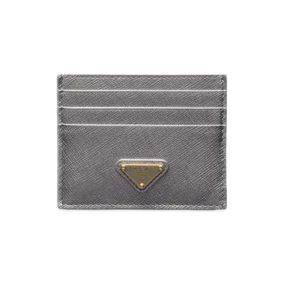 PRADA Saffiano Triangle Card Holder "Chrome Silver"