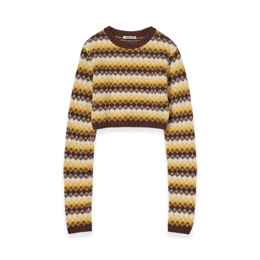 AURALEE Cashmere Jacquard Knit Cropped P/O "Burgundy Yellow"