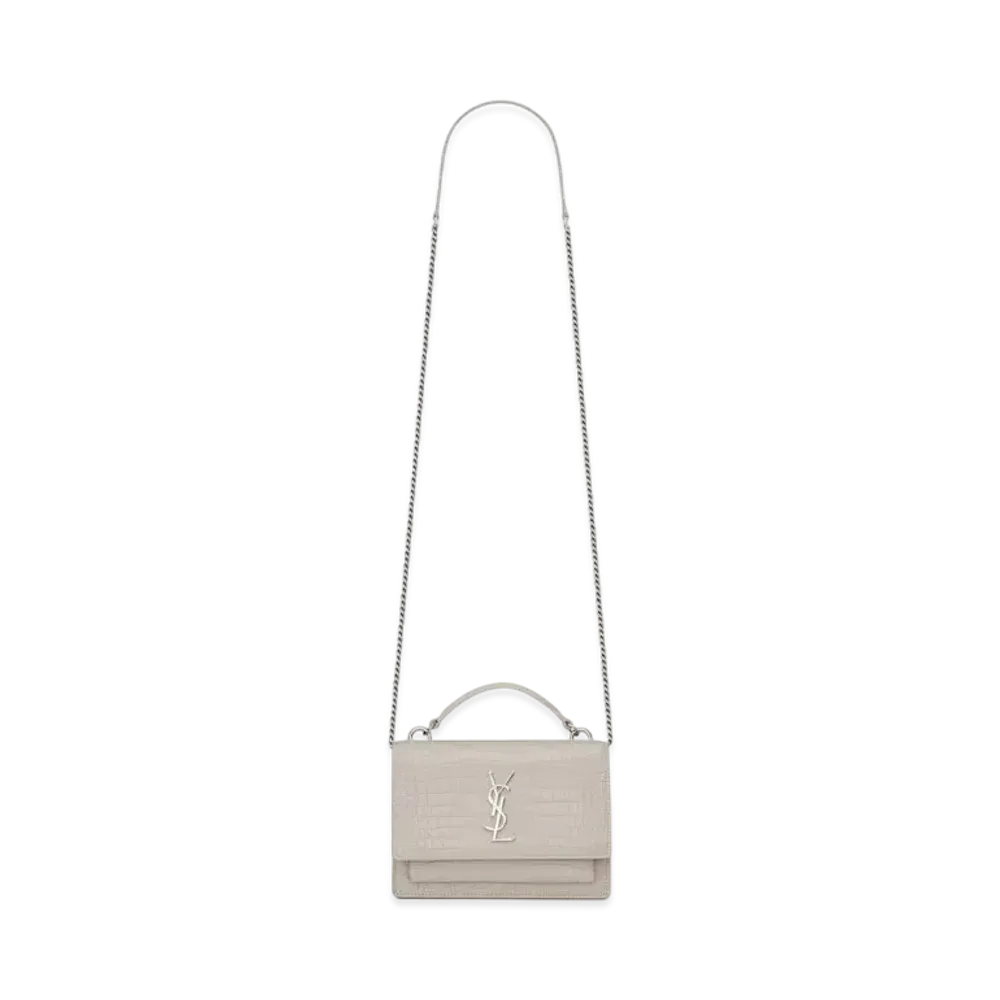 Saint Laurent Sunset Chain Wallet In Shiny Crocodile-Embossed Leather "Vintage White"