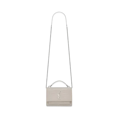 Saint Laurent Sunset Chain Wallet In Shiny Crocodile-Embossed Leather "Vintage White"