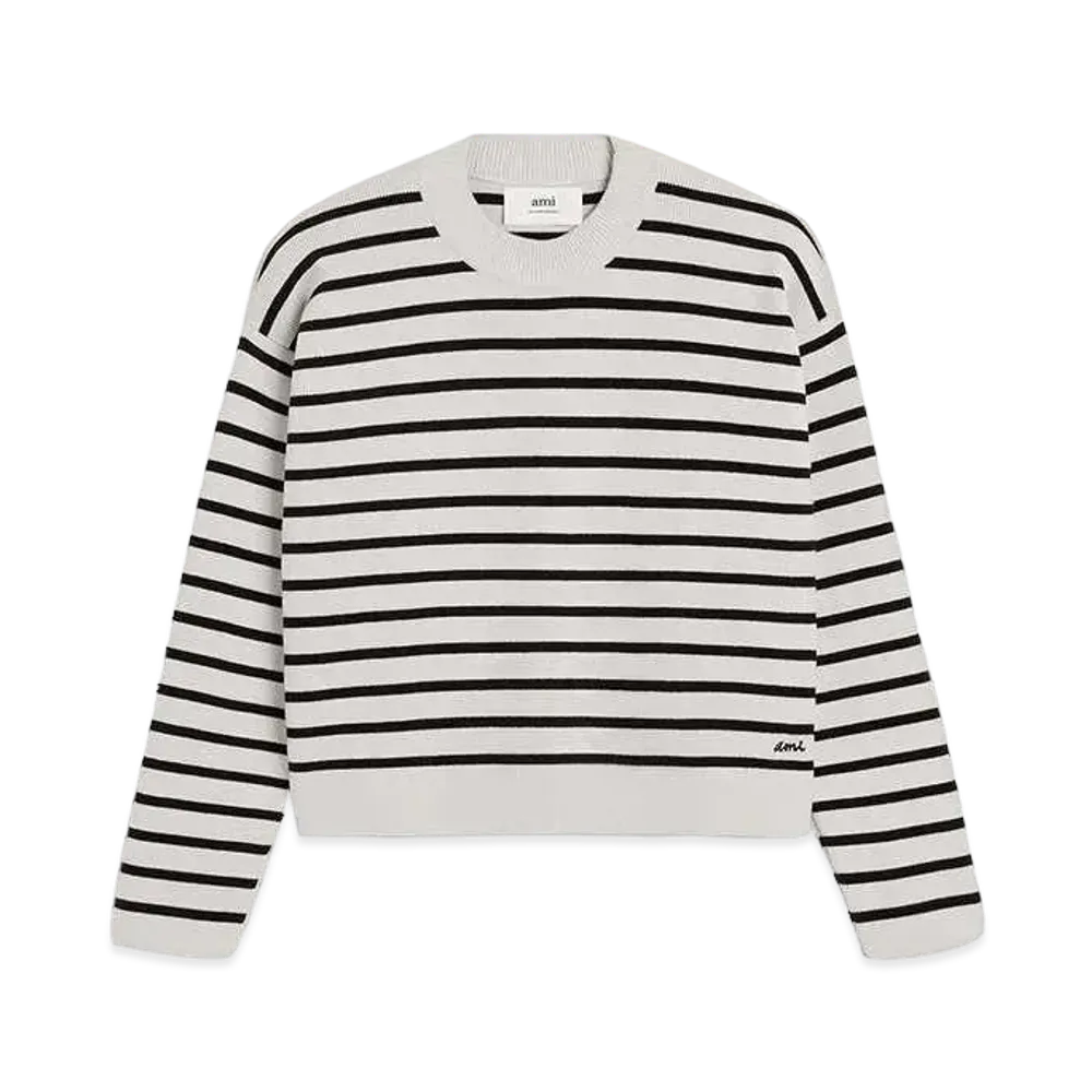 AMI PARIS Cotton & Wool Blend Breton Embroidery Stripe Sweater "Chalk & Black"