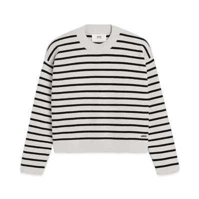 AMI PARIS Cotton & Wool Blend Breton Embroidery Stripe Sweater "Chalk & Black"