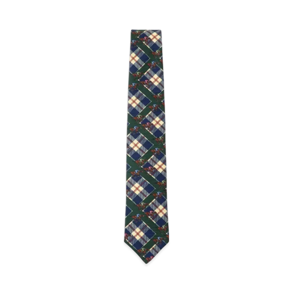 BEAMS Silk Tie Check Horses Print "Green"