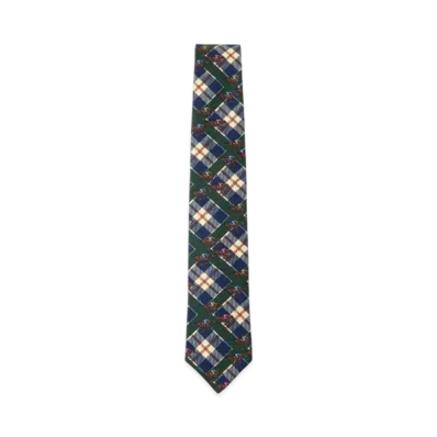 BEAMS Silk Tie Check Horses Print "Green"