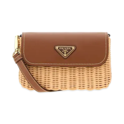 PRADA Women's Two-Tone Wicker And Leather Crossbody Bag "Beige"