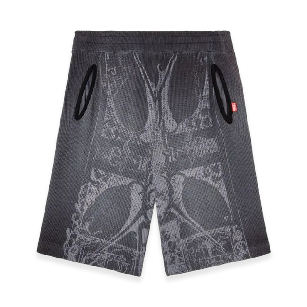 Diesel P-Warky-Short Waffle Shorts With Medieval Print "Black"