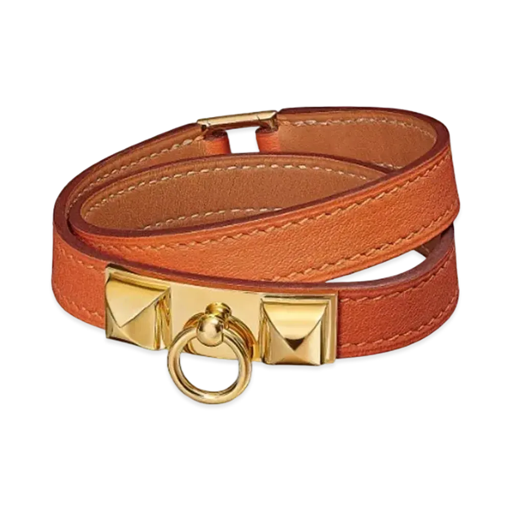 Hermes Rivale Leather Bracelet "Orange/Gold"