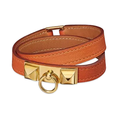 Hermes Rivale Leather Bracelet "Orange/Gold"