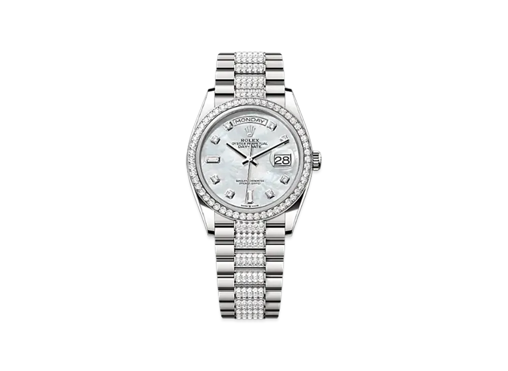 ROLEX Day-Date 36mm White Gold Diamond 128349RBR "White Mother-of-Pearl"
