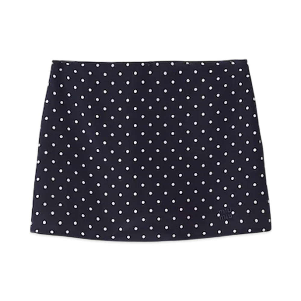 MIU MIU Women's Polka Dot Crepe De Chine Miniskirt "Blue/Ivory"