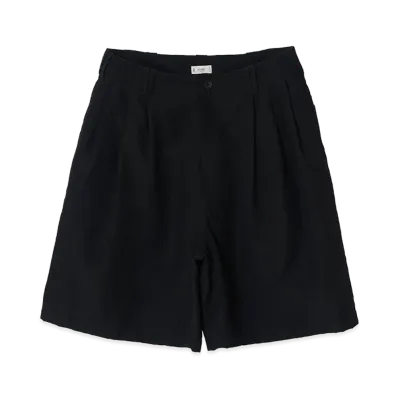 YOKE Wool Linen Weather Cloth 3pleated Shorts "Black"