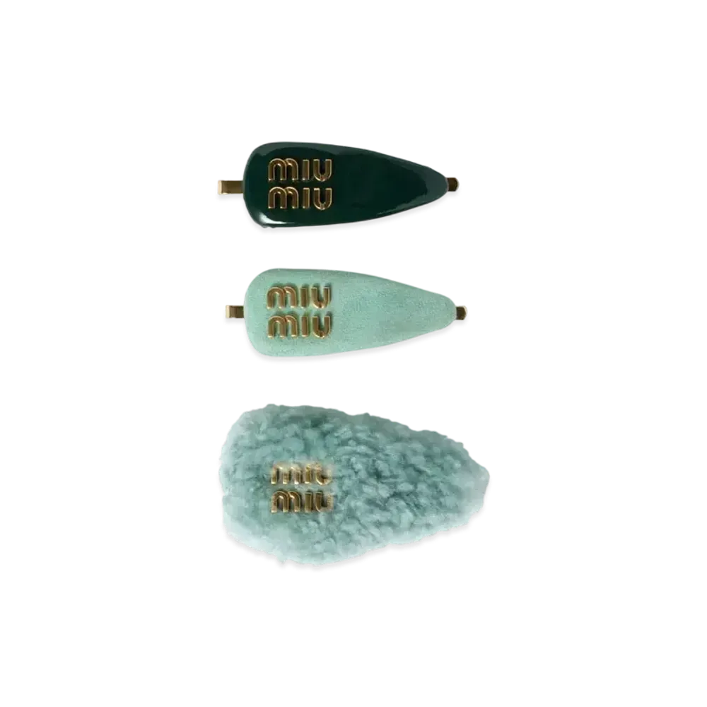 ミュウミュウ レザー x スエード x シアリング ヘアクリップ セット "ダークグリーン" 5IF188_2C3V_F035G