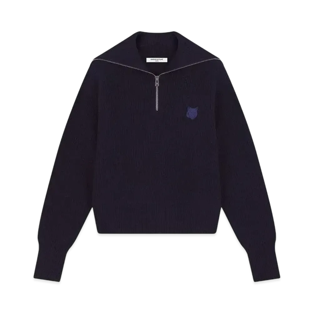 Maison Kitsune Women'S Bold Fox Head Patch Half Zip Rib Jumper "Ink Blue"