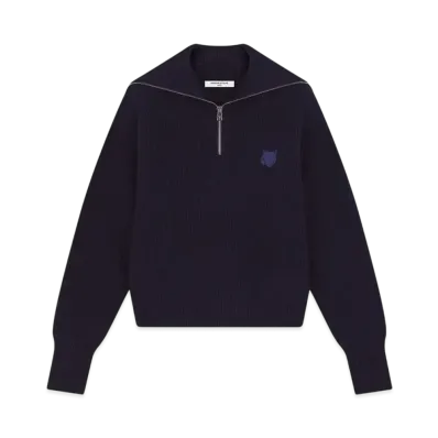 Maison Kitsune Women'S Bold Fox Head Patch Half Zip Rib Jumper "Ink Blue"