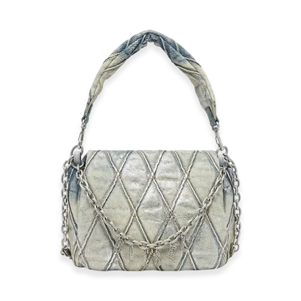 Diesel Charm-D Shoulder M Charm-D M-Shoulder Bag In Metallic Quilted Denim "Light Blue"