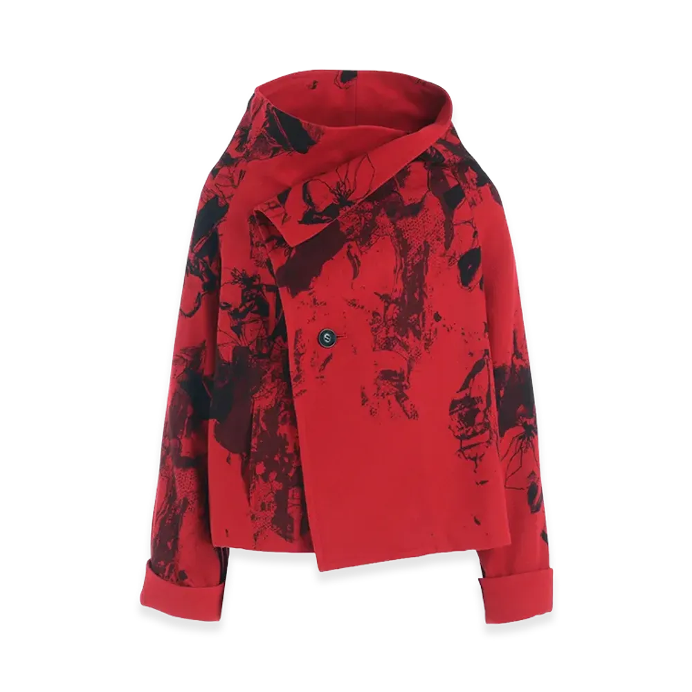 Y's Wool Flower Print Wrap Coat "Red"