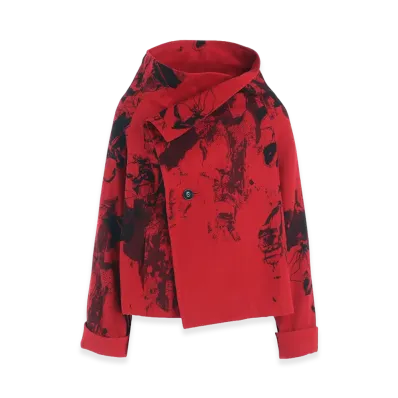 Y's Wool Flower Print Wrap Coat "Red"