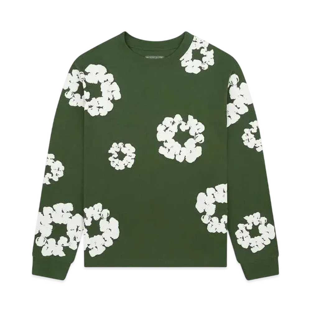 デニムティアーズ ロングスリーブ コットン リース Tシャツ "グリーン"
