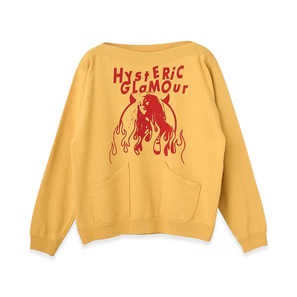 HYSTERIC GLAMOUR Fire Woman Boat Neck Sweatshirt "Yellow"